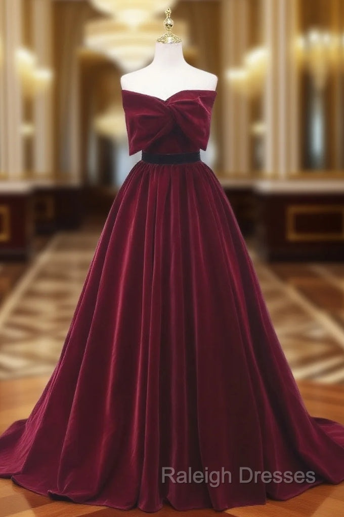 Burgundy Velvet Strapless Bow Prom Dress Main image