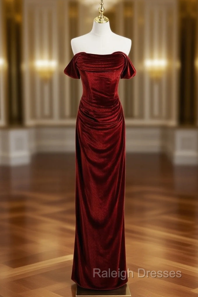 Burgundy Velvet Strapless Pleats Prom Dress