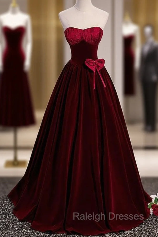 Burgundy Velvet Strapless Prom Dress Main image