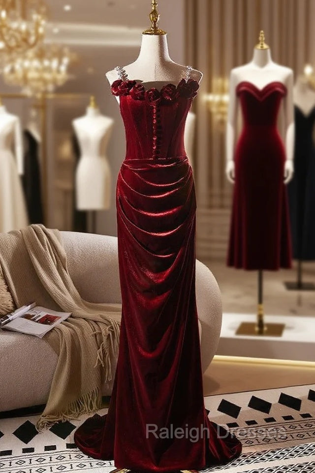 Burgundy Velvet Straps Flower Button Prom Dress