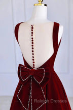 Burgundy Velvet Tea Length Prom Dresses A Line Prom Dresses with Bow
