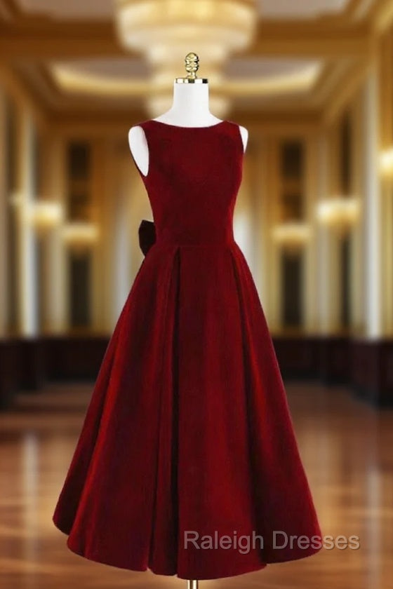 Burgundy Velvet Tea Length Prom Dress, A-Line Party Dress with Bow Main image