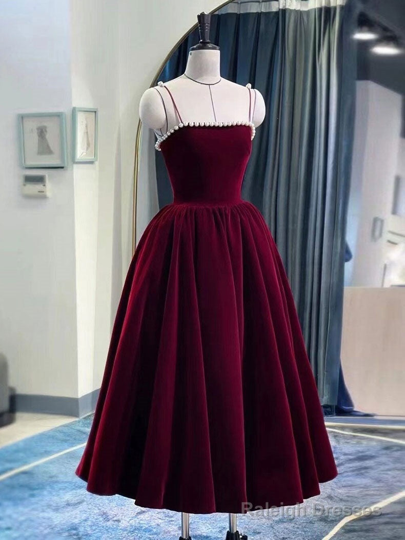 Burgundy Velvet Tea Length Prom Dress, Burgundy Evening Dress Main image