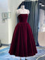 Burgundy Velvet Tea Length Prom Dress, Burgundy Evening Dress