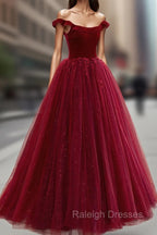 Burgundy Velvet Tulle Floor Length Prom Dress, Lovely Evening Party Dress