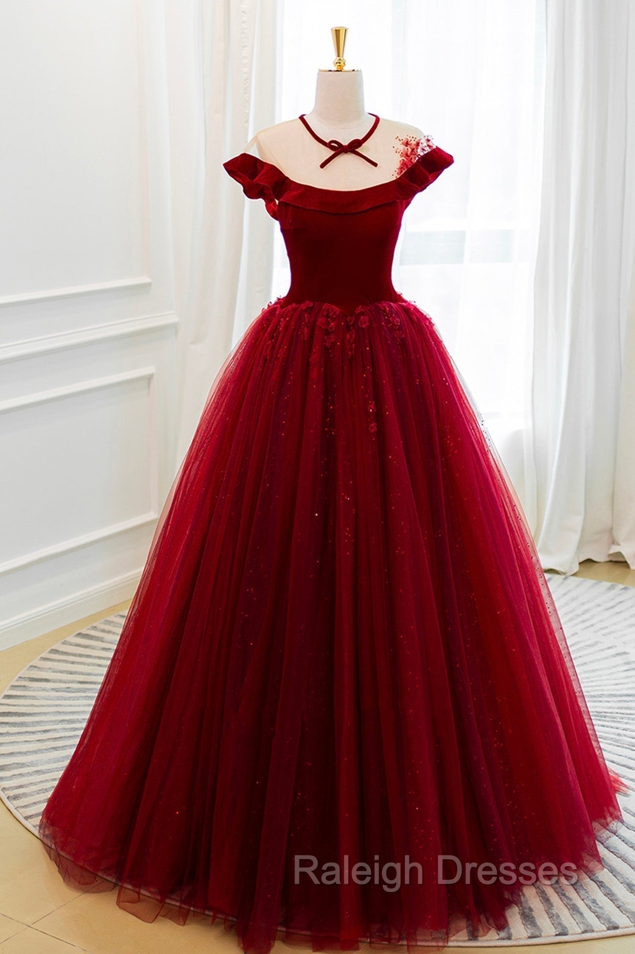 Burgundy Velvet Tulle Floor Length Prom Dress, Lovely Evening Party Dress Main image