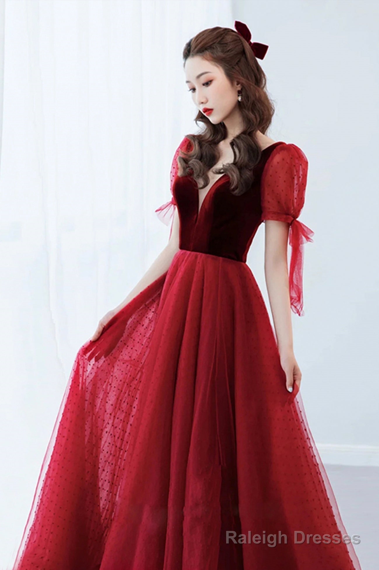 Burgundy Velvet Tulle Long A-Line Prom Dress, V-Neck Short Sleeve Party Dress Secondary image