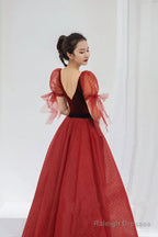 Burgundy Velvet Tulle Long A-Line Prom Dresses V-Neck Short Sleeve Prom Dresses