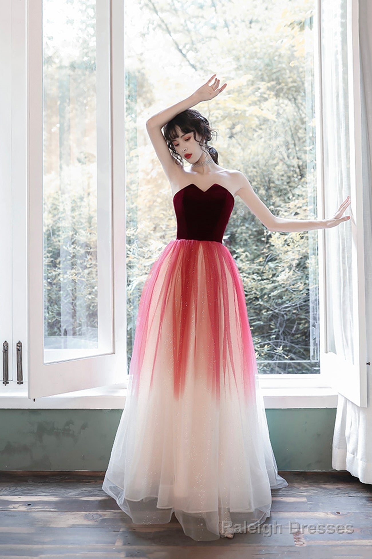 Burgundy Velvet Tulle Long Prom Dresses, A-Line Evening Dresses