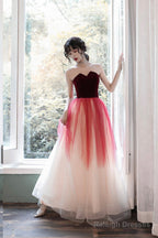 Burgundy Velvet Tulle Long Prom Dresses, A-Line Evening Dresses