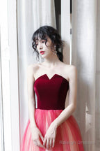 Burgundy Velvet Tulle Long Prom Dresses, A-Line Evening Dresses