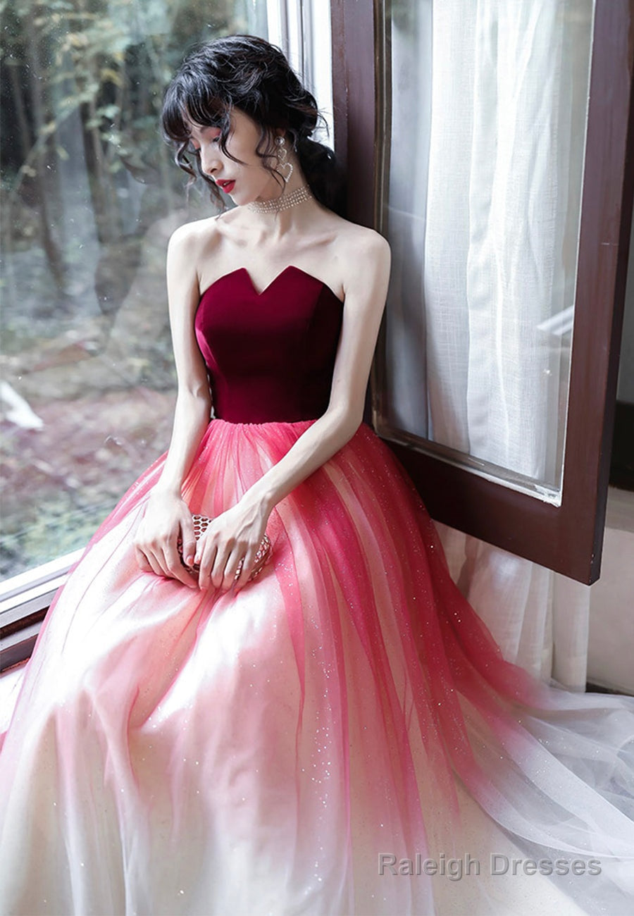 Burgundy Velvet Tulle Long Prom Dresses, A-Line Evening Dresses