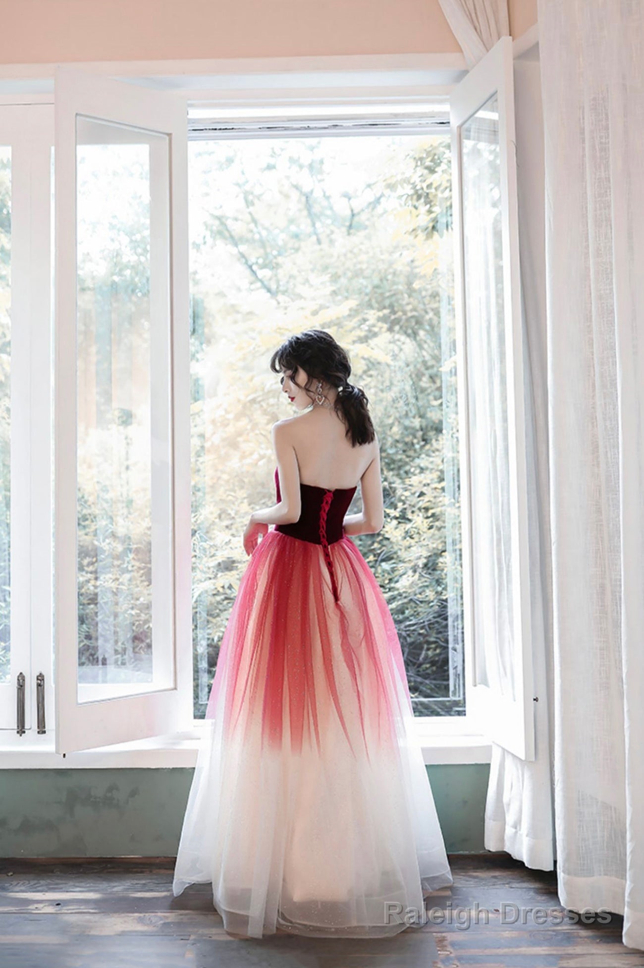 Burgundy Velvet Tulle Long Prom Dresses, A-Line Evening Dresses