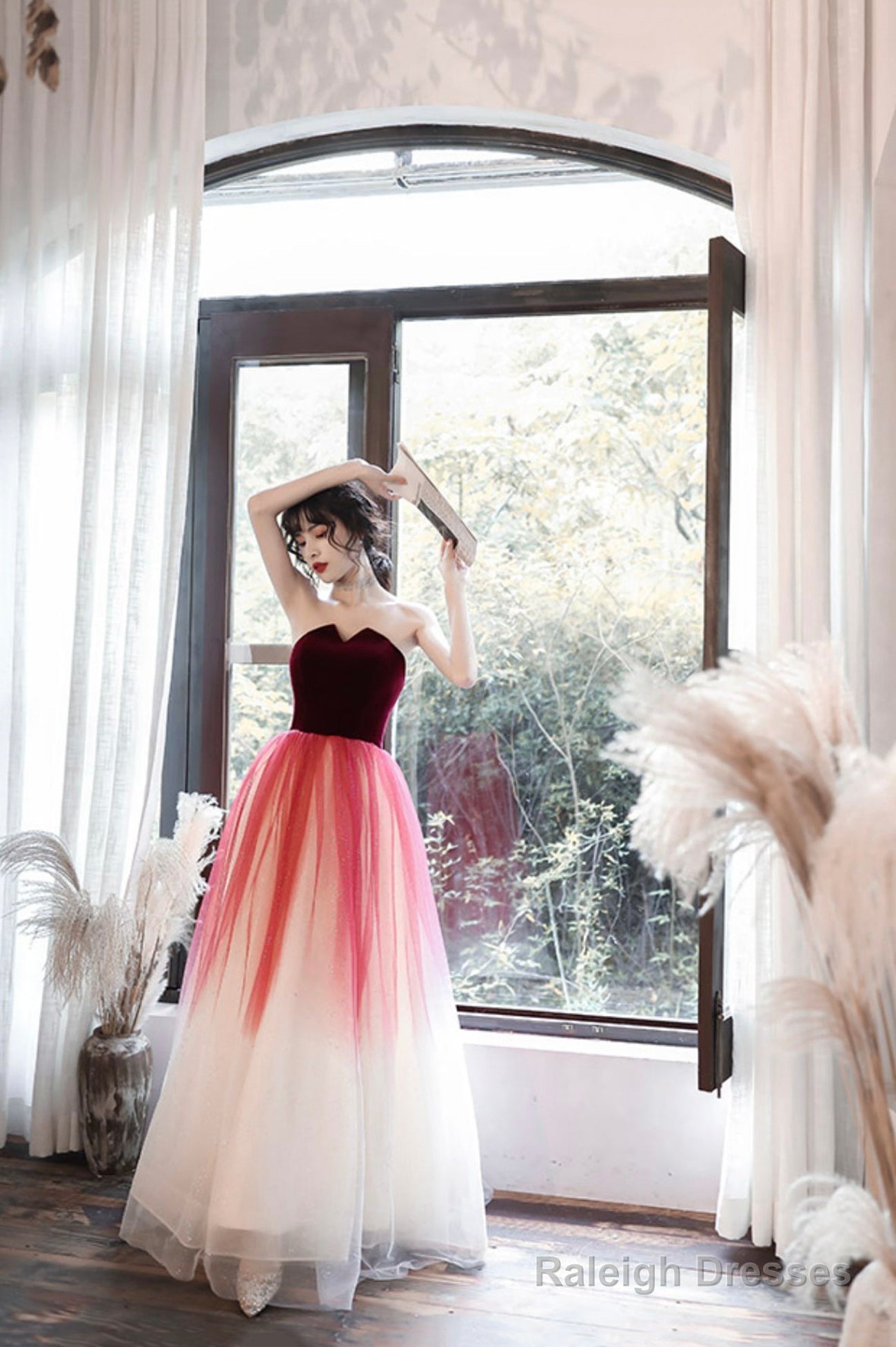 Burgundy Velvet Tulle Long Prom Dresses, A-Line Evening Dresses