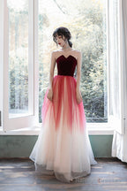 Burgundy Velvet Tulle Long Prom Dresses, A-Line Evening Dresses