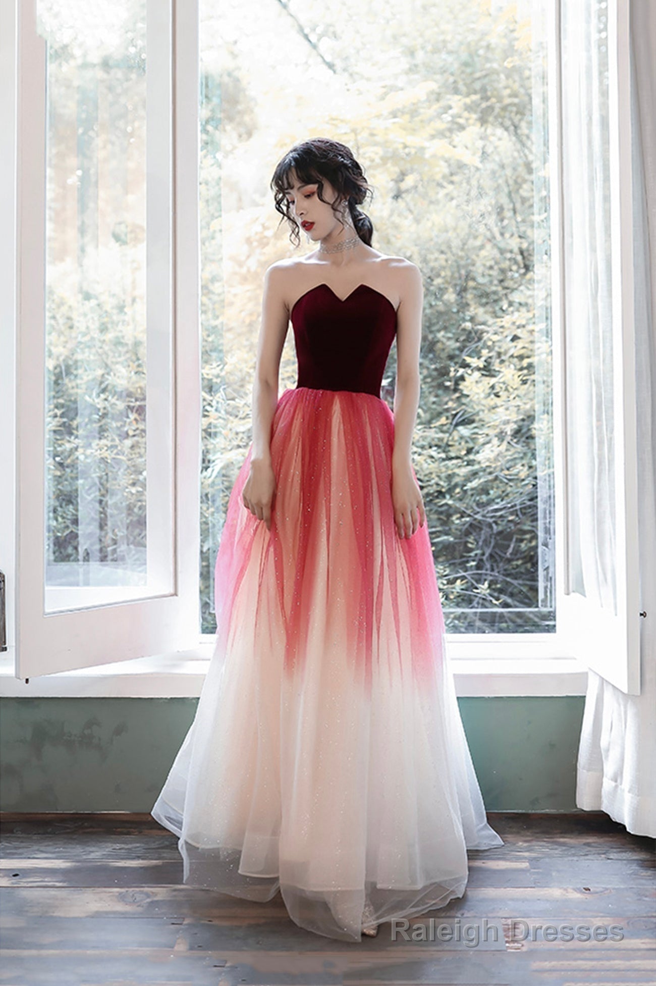 Burgundy Velvet Tulle Long Prom Dresses, A-Line Evening Dresses