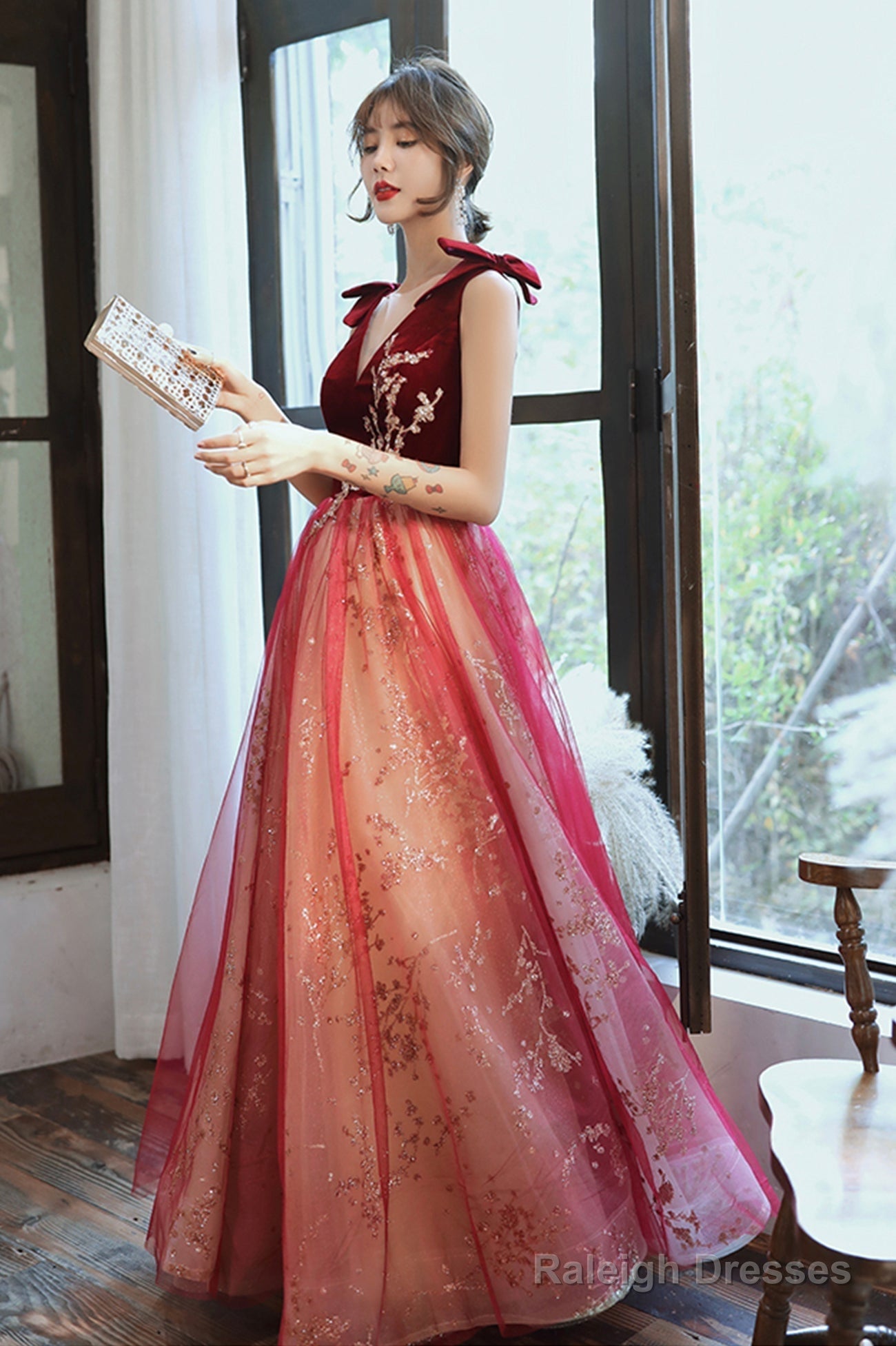 Burgundy Velvet Tulle Long Prom Dresses, V-Neck Graduation Dresses Secondary image