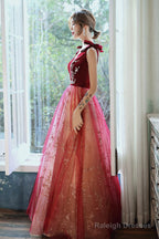 Burgundy Velvet Tulle Long Prom Dresses, V-Neck Graduation Dresses