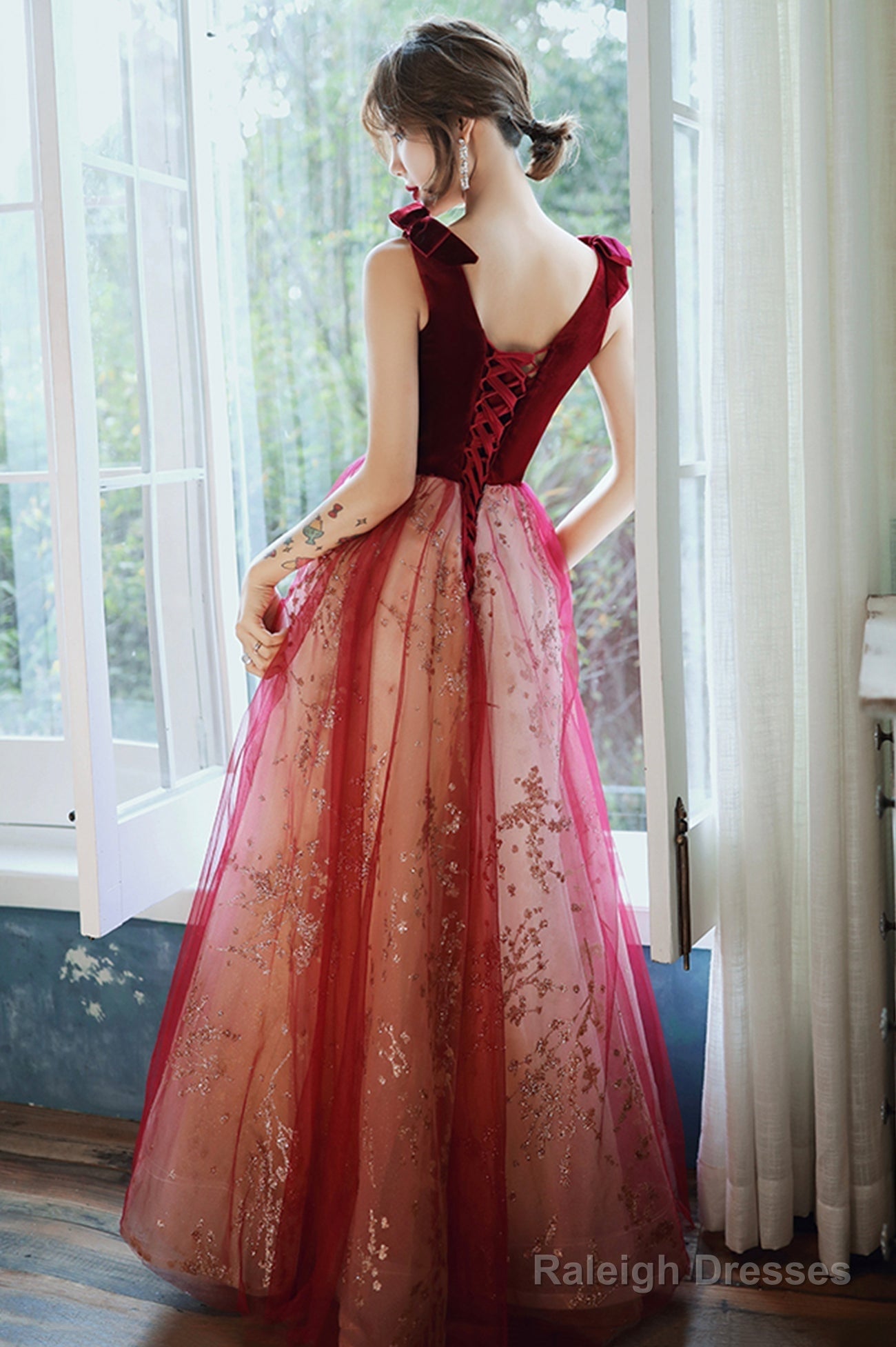 Burgundy Velvet Tulle Long Prom Dresses, V-Neck Graduation Dresses