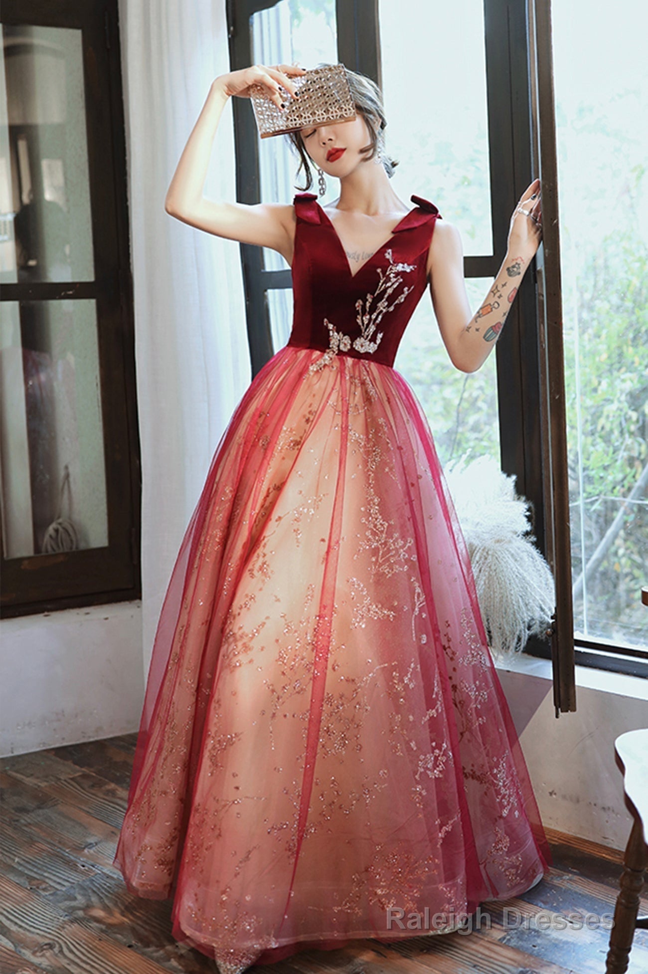 Burgundy Velvet Tulle Long Prom Dresses, V-Neck Graduation Dresses Main image