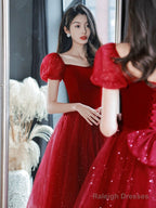 Burgundy Velvet Tulle Short Prom Dress, Off Shoulder Knee Length Party Dress