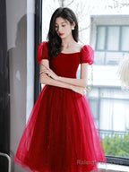 Burgundy Velvet Tulle Short Prom Dress, Off Shoulder Knee Length Party Dress