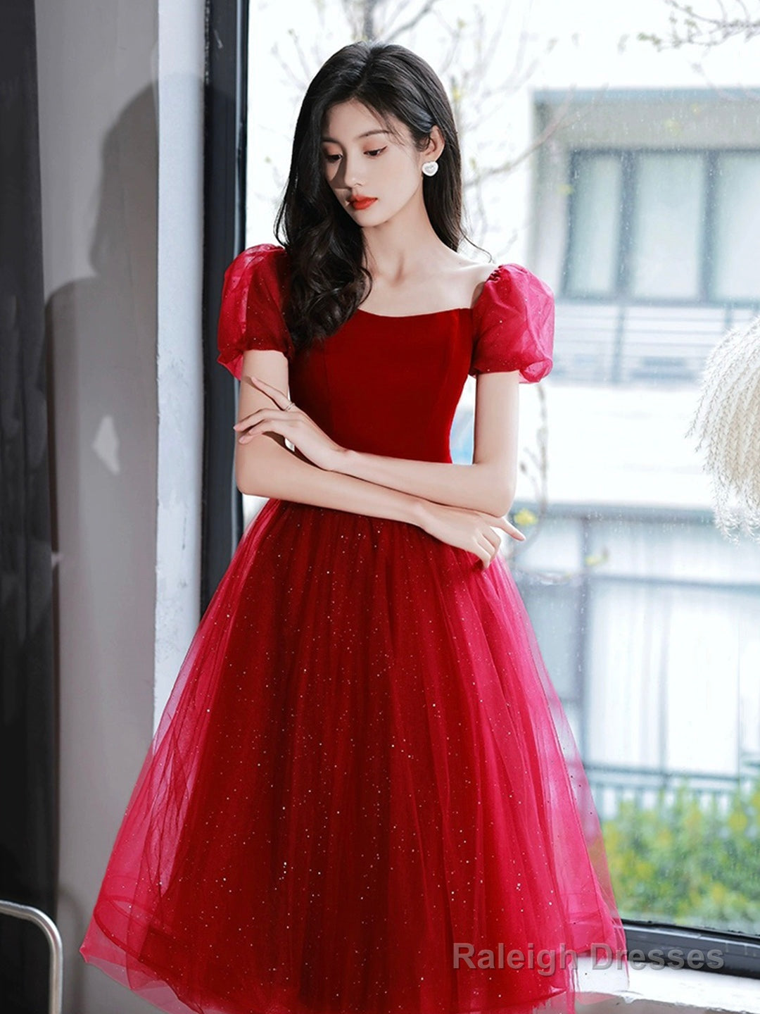 Burgundy Velvet Tulle Short Prom Dress, Off Shoulder Knee Length Party Dress