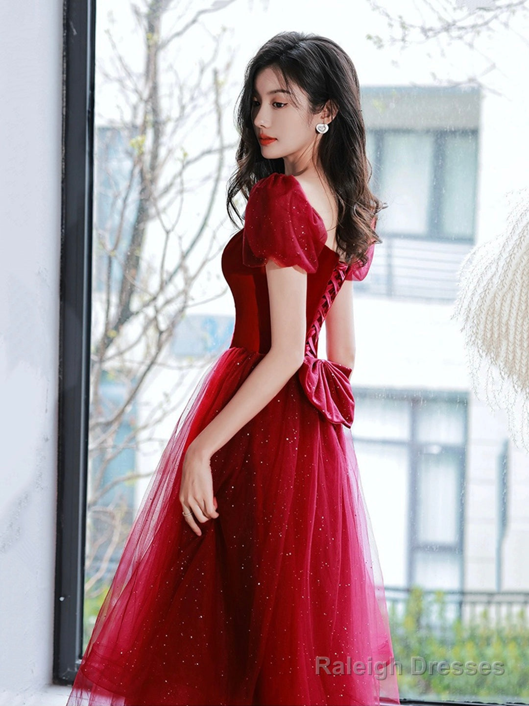 Burgundy Velvet Tulle Short Prom Dress, Off Shoulder Knee Length Party Dress