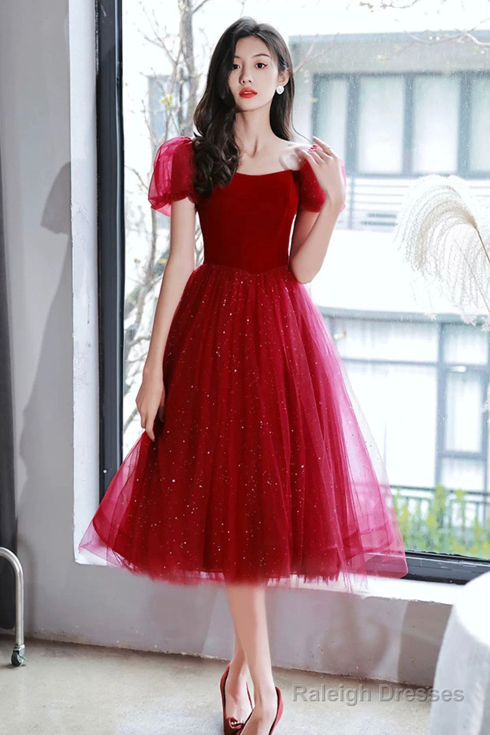 Burgundy Velvet Tulle Short Prom Dress, Off Shoulder Knee Length Party Dress Main image