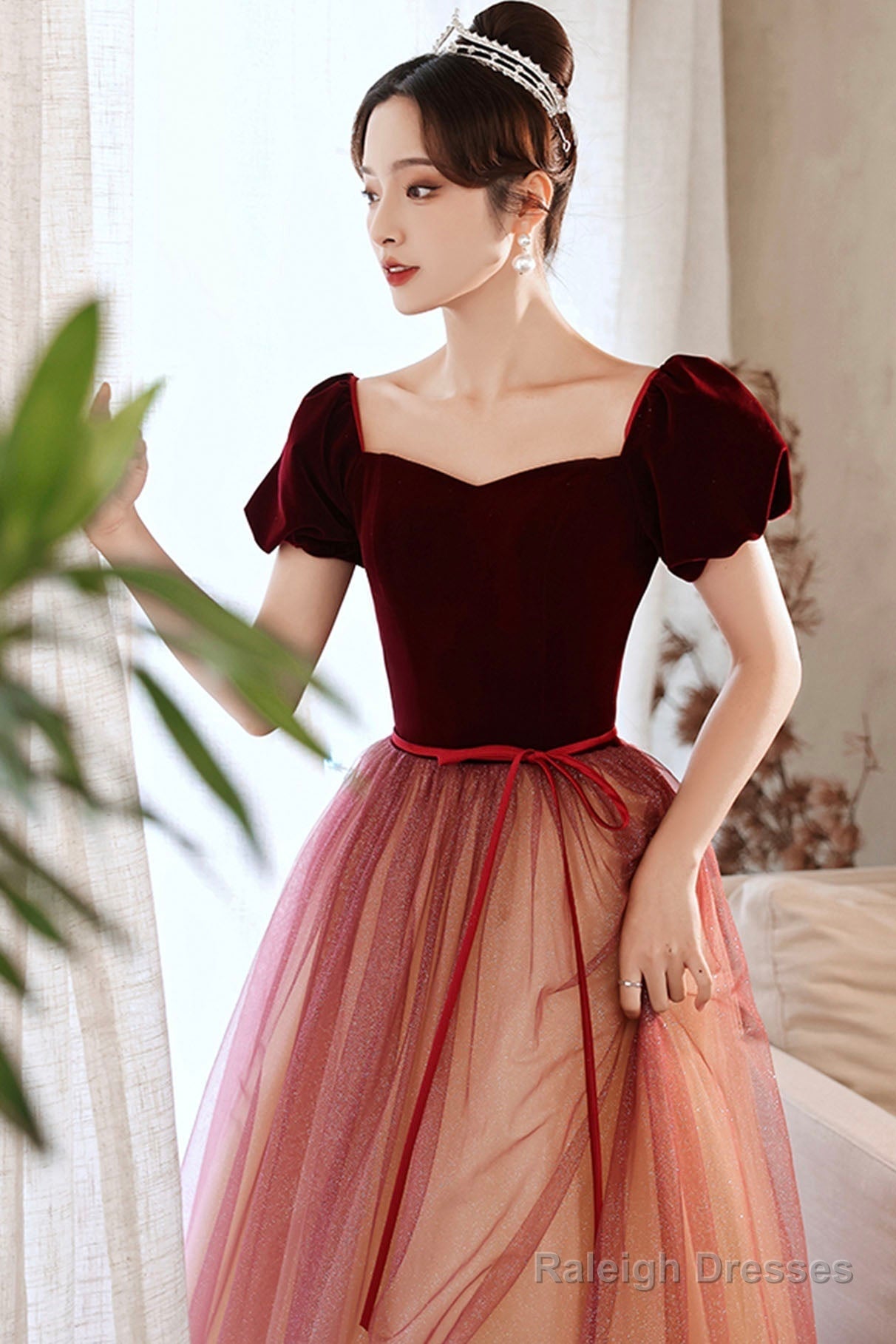 Burgundy Velvet Tulle Short Sleeves Long Formal Dress, Evening Prom Event