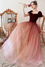 Burgundy Velvet Tulle Short Sleeves Long Formal Dress, Evening Prom Event