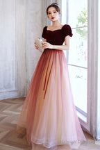 Burgundy Velvet Tulle Short Sleeves Long Prom Dresses Prom Event