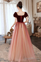 Burgundy Velvet Tulle Short Sleeves Long Prom Dresses Prom Event