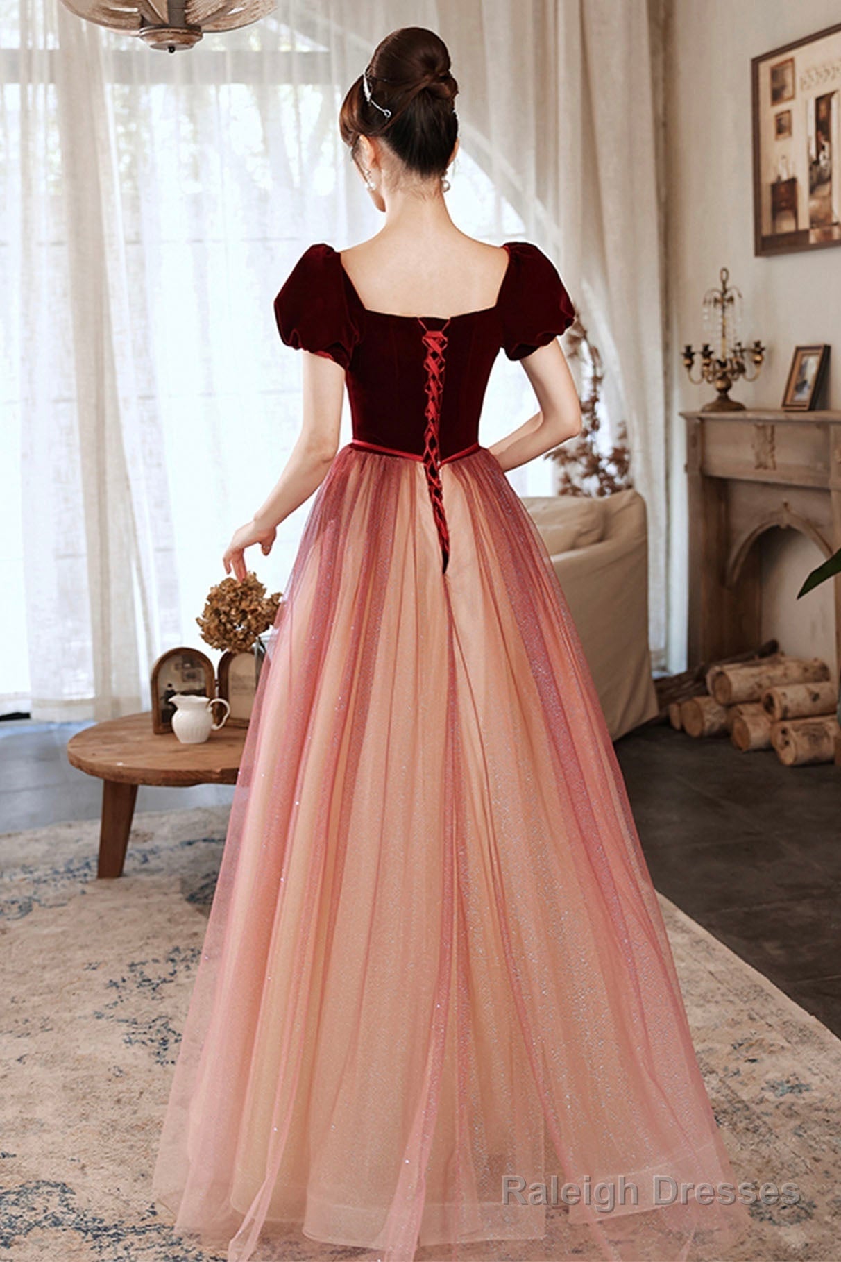 Burgundy Velvet Tulle Short Sleeves Long Prom Dresses Prom Event