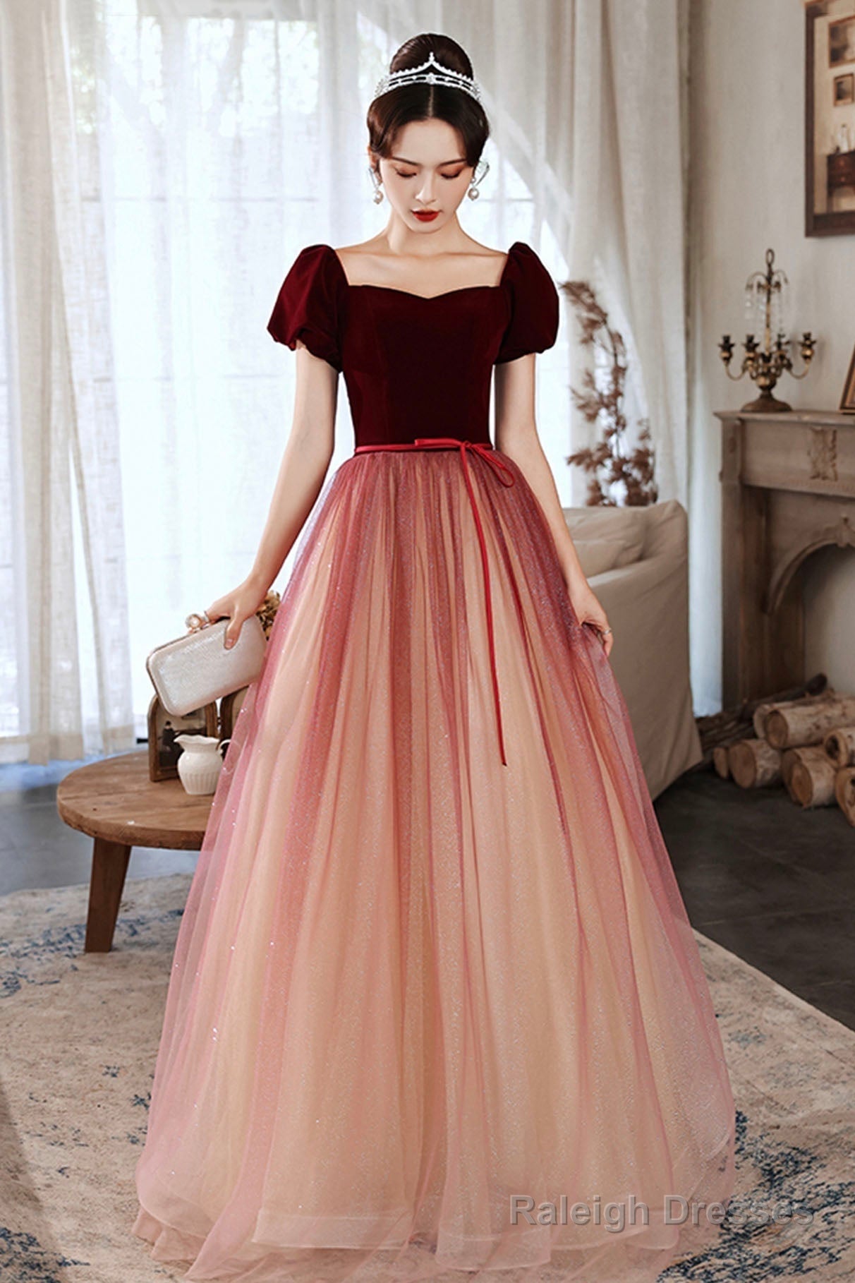 Burgundy Velvet Tulle Short Sleeves Long Prom Dresses Prom Event Main image