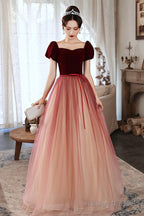 Burgundy Velvet Tulle Short Sleeves Long Prom Dresses Prom Event