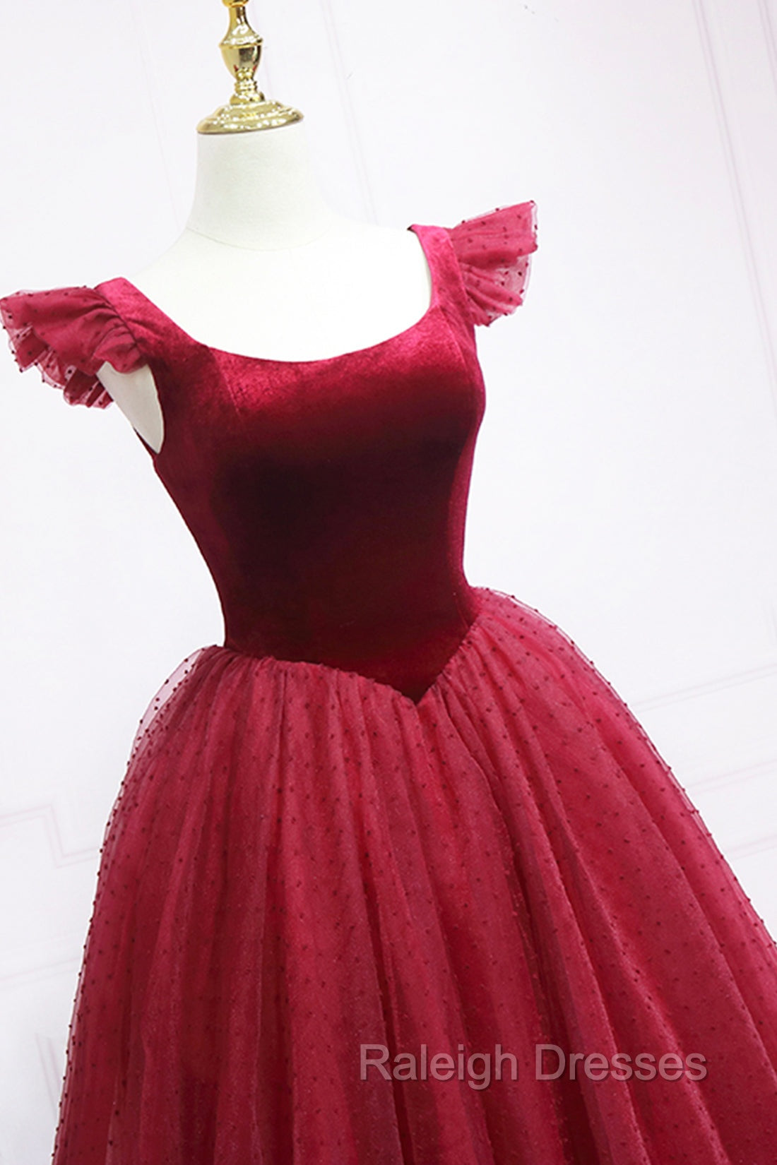 Burgundy Velvet Tulle Tea Length Prom Dress, Cute A-Line Party Dress