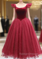 Burgundy Velvet Tulle Tea Length Prom Dress, Cute A-Line Party Dress