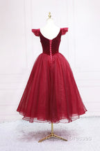 Burgundy Velvet Tulle Tea Length Prom Dress, Cute A-Line Party Dress