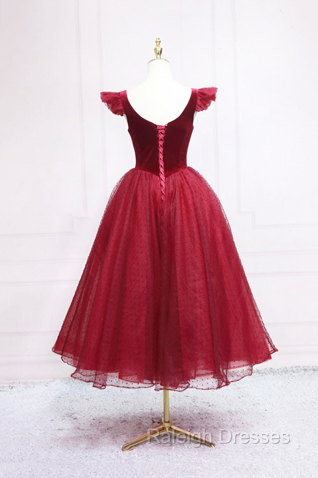 Burgundy Velvet Tulle Tea Length Prom Dress, Cute A-Line Party Dress