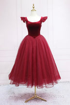 Burgundy Velvet Tulle Tea Length Prom Dress, Cute A-Line Party Dress