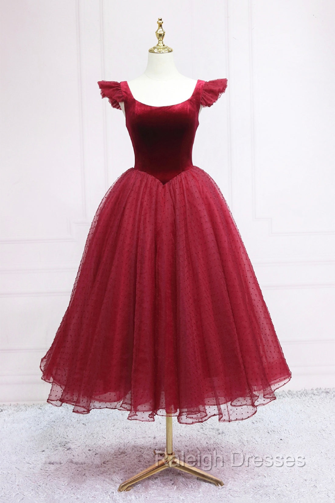 Burgundy Velvet Tulle Tea Length Prom Dress, Cute A Line Prom Dress Main image