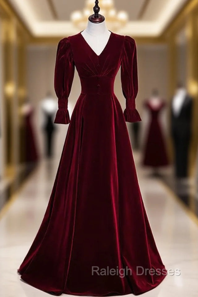 Burgundy Velvet V-neck Long Sleeve Button Prom Dress
