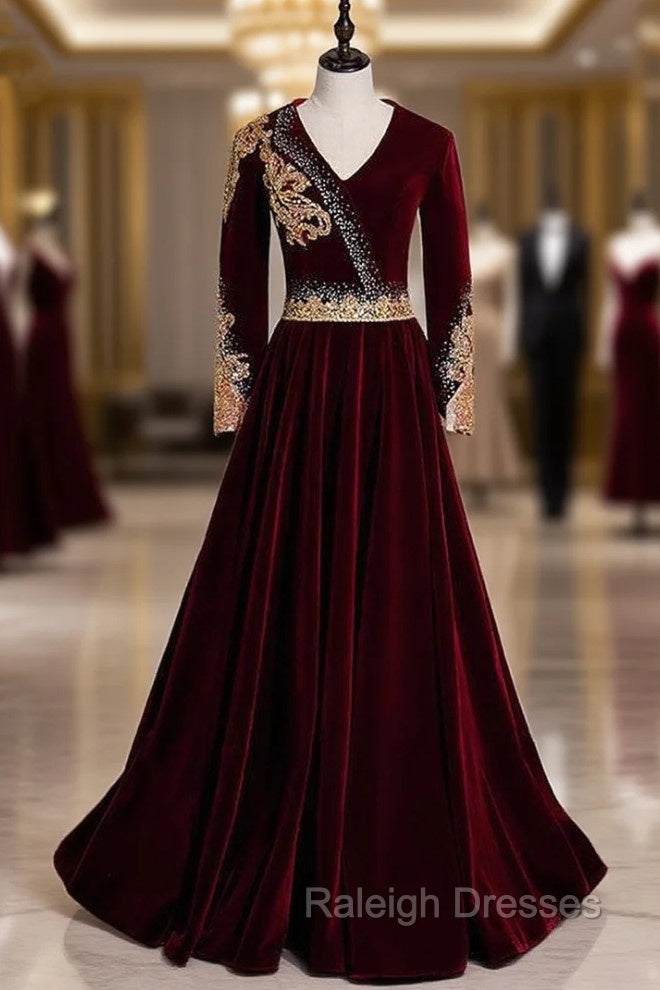 Burgundy Velvet V-neck Long Sleeve Gold Beading Prom Dress