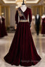 Burgundy Velvet V-neck Long Sleeve Gold Beading Prom Dress