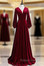 Burgundy Velvet V-neck Long Sleeve Long Prom Dress