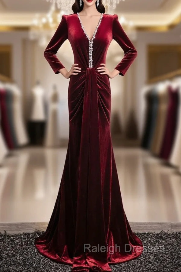 Burgundy Velvet V-neck Long Sleeve Prom Dress Main image
