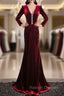 Burgundy Velvet V-neck Long Sleeve Prom Dress