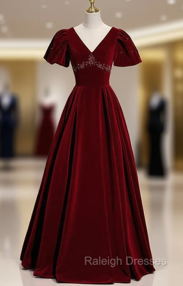 Burgundy Velvet V-neck Puff Sleeve Beading Prom Dress