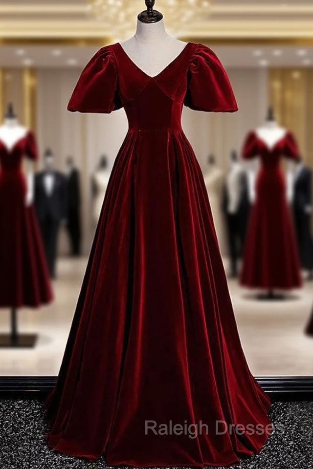 Burgundy Velvet V-neck Puff Sleeve Prom Dress